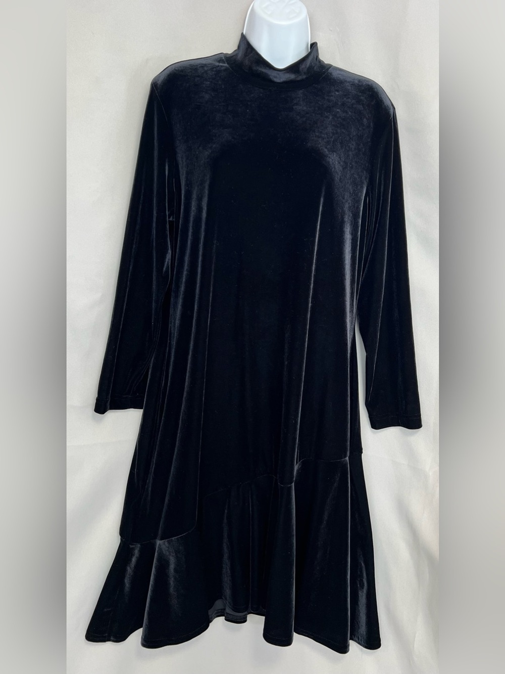 VTG Coldwater Creek Velvet A Line Dress Women Petite L Black Long Sleeve Ruffle